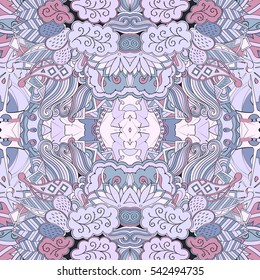 Tracery seamless calming pattern. Mehndi design. Ethnic colorful doodle texture. Curved doodling background. Vector.