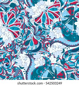 Tracery seamless calming pattern. Mehndi design. Ethnic colorful doodle texture. Curved doodling background. Vector.