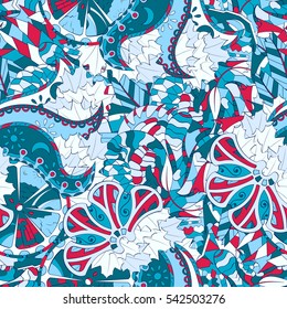 Tracery seamless calming pattern. Mehndi design. Ethnic colorful doodle texture. Curved doodling background. Vector.