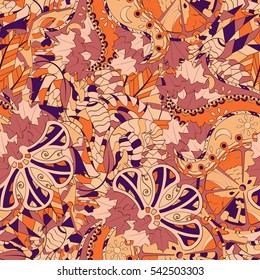Tracery seamless calming pattern. Mehndi design. Ethnic colorful doodle texture. Curved doodling background. Vector.