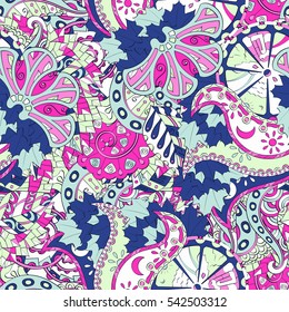 Tracery seamless calming pattern. Mehndi design. Ethnic colorful doodle texture. Curved doodling background. Vector.