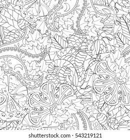 Tracery seamless calming pattern. Mehndi design. Ethnic monochrome binary doodle texture. Curved doodling black and white background. Vector.
