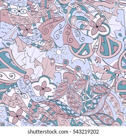 Tracery seamless calming pattern. Mehndi design. Ethnic colorful doodle texture. Curved doodling background. Vector.