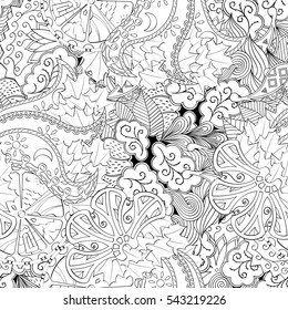 Tracery seamless calming pattern. Mehndi design. Ethnic monochrome binary doodle texture. Curved doodling black and white background. Vector.