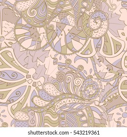 Tracery seamless calming pattern. Mehndi design. Ethnic colorful doodle texture. Curved doodling background. Vector.