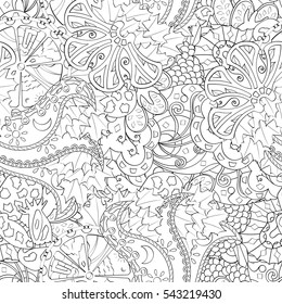 Tracery seamless calming pattern. Mehndi design. Ethnic monochrome binary doodle texture. Curved doodling black and white background. Vector.
