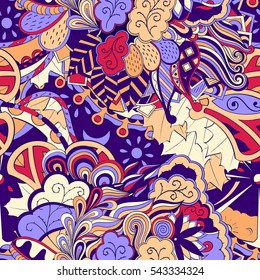 Tracery seamless calming pattern. Mehndi design. Ethnic colorful doodle texture. Curved doodling background. Vector.
