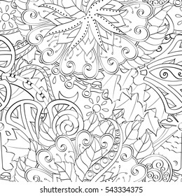 Tracery seamless calming pattern. Mehndi design. Ethnic monochrome binary doodle texture. Curved doodling black and white background. Vector.