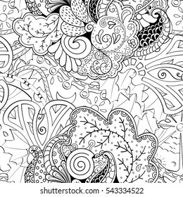 Tracery seamless calming pattern. Mehndi design. Ethnic monochrome binary doodle texture. Curved doodling black and white background. Vector.