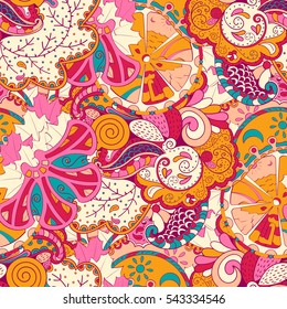 Tracery seamless calming pattern. Mehndi design. Ethnic colorful doodle texture. Curved doodling background. Vector.