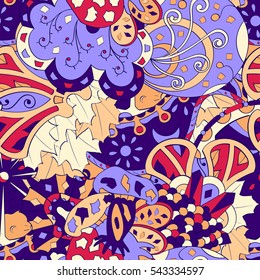 Tracery seamless calming pattern. Mehndi design. Ethnic colorful doodle texture. Curved doodling background. Vector.