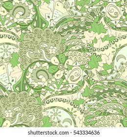 Tracery seamless calming pattern. Mehndi design. Ethnic colorful doodle texture. Curved doodling background. Vector.