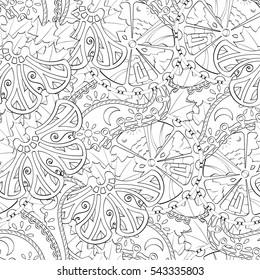 Tracery seamless calming pattern. Mehndi design. Ethnic monochrome binary doodle texture. Curved doodling black and white background. Vector.
