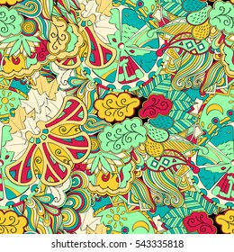 Tracery seamless calming pattern. Mehndi design. Ethnic colorful doodle texture. Curved doodling background. Vector.