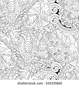 Tracery seamless calming pattern. Mehndi design. Ethnic monochrome binary doodle texture. Curved doodling black and white background. Vector.