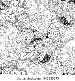 Tracery seamless calming pattern. Mehndi design. Ethnic monochrome binary doodle texture. Curved doodling black and white background. Vector.
