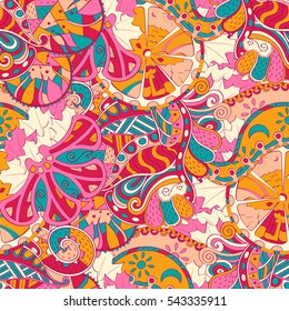 Tracery seamless calming pattern. Mehndi design. Ethnic colorful doodle texture. Curved doodling background. Vector.