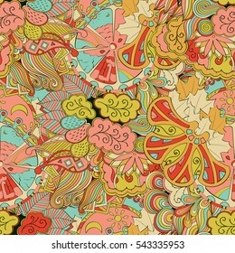 Tracery seamless calming pattern. Mehndi design. Ethnic colorful doodle texture. Curved doodling background. Vector.