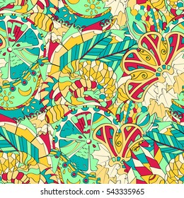 Tracery seamless calming pattern. Mehndi design. Ethnic colorful doodle texture. Curved doodling background. Vector.