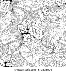 Tracery seamless calming pattern. Mehndi design. Ethnic monochrome binary doodle texture. Curved doodling black and white background. Vector.