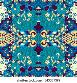 Tracery seamless calming pattern. Mehndi design. Ethnic colorful doodle texture. Curved doodling background. Vector.