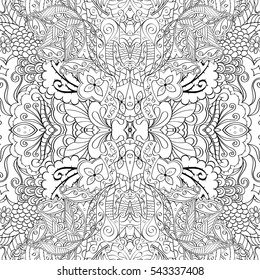 Tracery seamless calming pattern. Mehndi design. Ethnic monochrome binary doodle texture. Curved doodling black and white background. Vector.