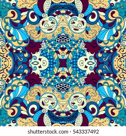 Tracery seamless calming pattern. Mehndi design. Ethnic colorful doodle texture. Curved doodling background. Vector.