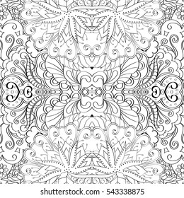 Tracery seamless calming pattern. Mehndi design. Ethnic monochrome binary doodle texture. Curved doodling black and white background. Vector.