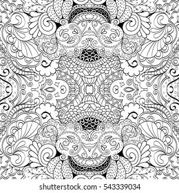 Tracery seamless calming pattern. Mehndi design. Ethnic monochrome binary doodle texture. Curved doodling black and white background. Vector.