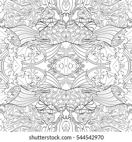 Tracery seamless calming pattern. Mehndi design. Ethnic monochrome binary doodle texture. Curved doodling black and white background. Vector.