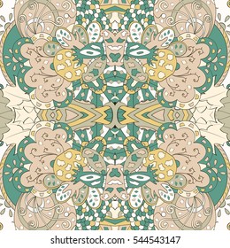 Tracery seamless calming pattern. Mehndi design. Ethnic colorful doodle texture. Curved doodling background. Vector.