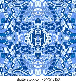 Tracery seamless calming pattern. Mehndi design. Ethnic colorful doodle texture. Curved doodling background. Vector.