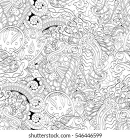 Tracery seamless calming pattern. Mehndi design. Ethnic monochrome binary doodle texture. Curved doodling black and white background. Vector.