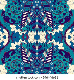 Tracery seamless calming pattern. Mehndi design. Ethnic colorful doodle texture. Curved doodling background. Vector.
