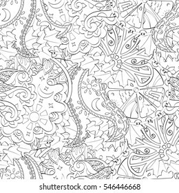 Tracery seamless calming pattern. Mehndi design. Ethnic monochrome binary doodle texture. Curved doodling black and white background. Vector.