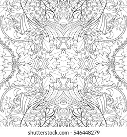 Tracery seamless calming pattern. Mehndi design. Ethnic monochrome binary doodle texture. Curved doodling black and white background. Vector.
