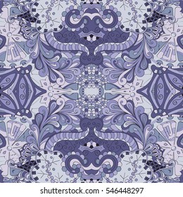 Tracery seamless calming pattern. Mehndi design. Ethnic colorful doodle texture. Curved doodling background. Vector.