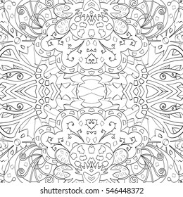 Tracery seamless calming pattern. Mehndi design. Ethnic monochrome binary doodle texture. Curved doodling black and white background. Vector.