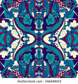 Tracery seamless calming pattern. Mehndi design. Ethnic colorful doodle texture. Curved doodling background. Vector.