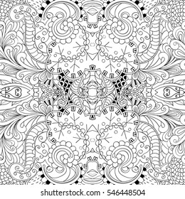 Tracery seamless calming pattern. Mehndi design. Ethnic monochrome binary doodle texture. Curved doodling black and white background. Vector.