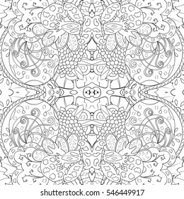 Tracery seamless calming pattern. Mehndi design. Ethnic monochrome binary doodle texture. Curved doodling black and white background. Vector.