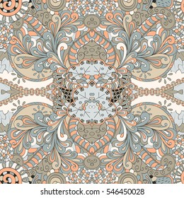Tracery seamless calming pattern. Mehndi design. Ethnic colorful doodle texture. Curved doodling background. Vector.