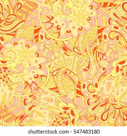Tracery seamless calming pattern. Mehndi design. Ethnic colorful doodle texture. Curved doodling background. Vector.