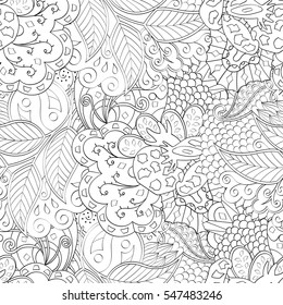 Tracery seamless calming pattern. Mehndi design. Ethnic monochrome binary doodle texture. Curved doodling black and white background. Vector.