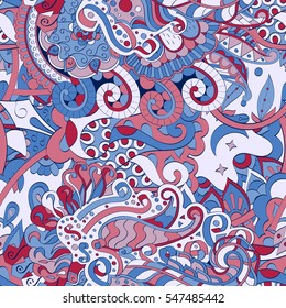 Tracery seamless calming pattern. Mehndi design. Ethnic colorful doodle texture. Curved doodling background. Vector.