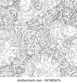 Tracery seamless calming pattern. Mehndi design. Ethnic monochrome binary doodle texture. Curved doodling black and white background. Vector.