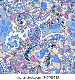 Tracery seamless calming pattern. Mehndi design. Ethnic colorful doodle texture. Curved doodling background. Vector.