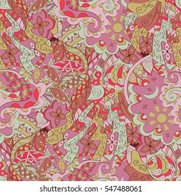 Tracery seamless calming pattern. Mehndi design. Ethnic colorful doodle texture. Curved doodling background. Vector.