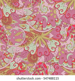 Tracery seamless calming pattern. Mehndi design. Ethnic colorful doodle texture. Curved doodling background. Vector.