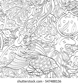 Tracery seamless calming pattern. Mehndi design. Ethnic monochrome binary doodle texture. Curved doodling black and white background. Vector.